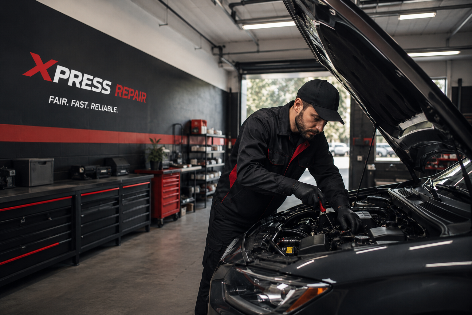 Mechanic working on a vehicle at Xpress Repair